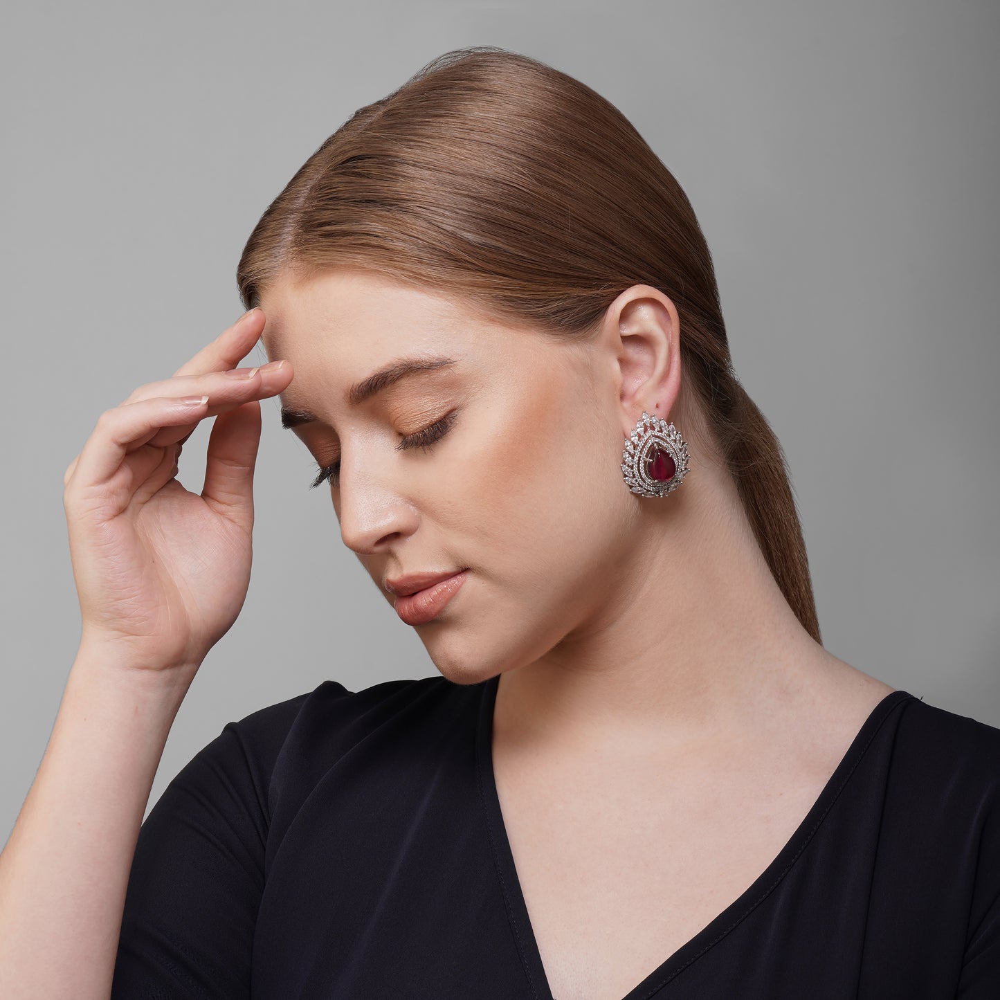 Crimson Cascade Leaf Crimson Red CZ Earrings Styled Look | Indian Jewellery | Saajo