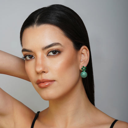 Delicate Bloom Green CZ Disco Drop Earrings Detail Shot | Traditional Jewellery | Saajo