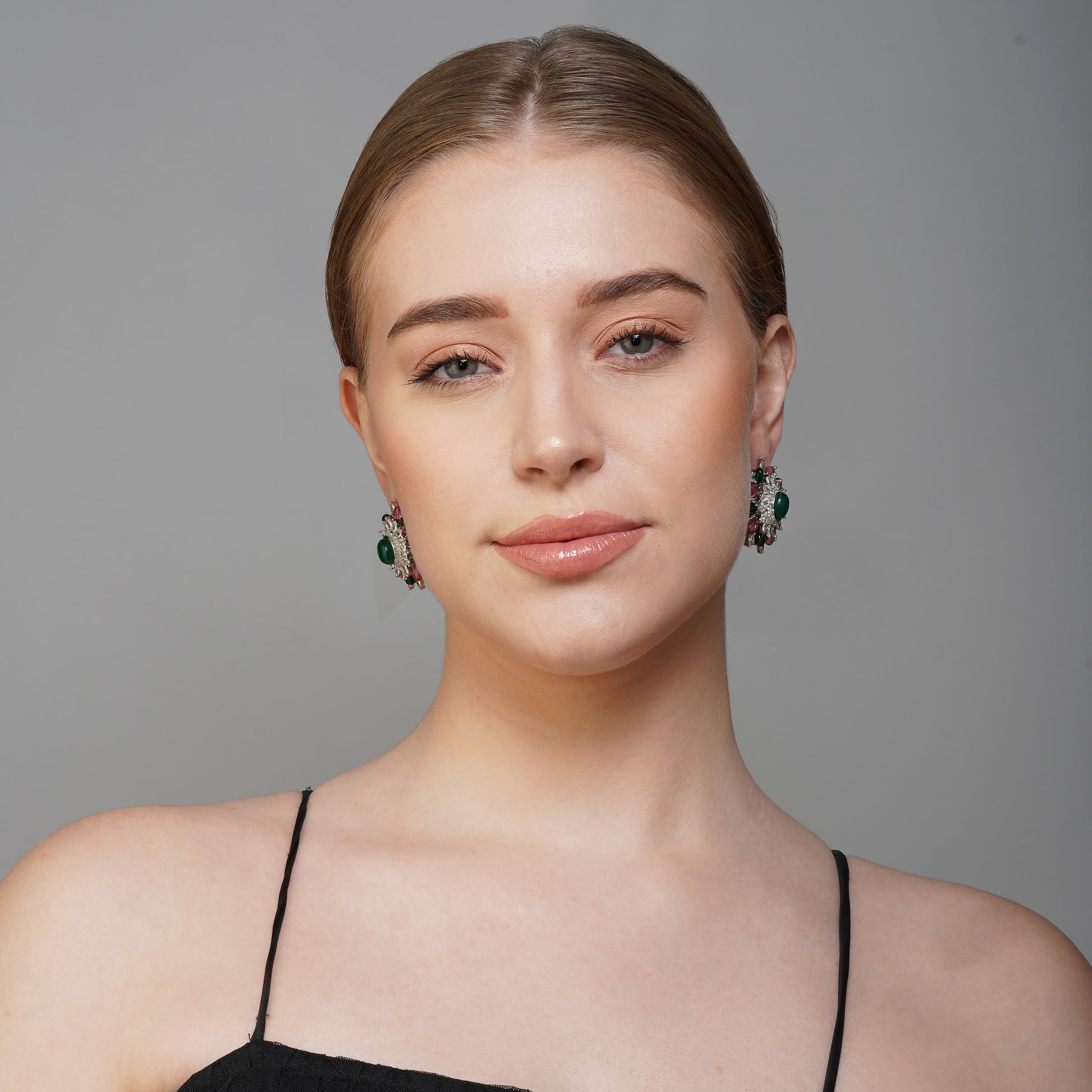 Forest Ruby Emerald Green & Red CZ Gemstone Earrings Detail Shot | Traditional Jewellery | Saajo