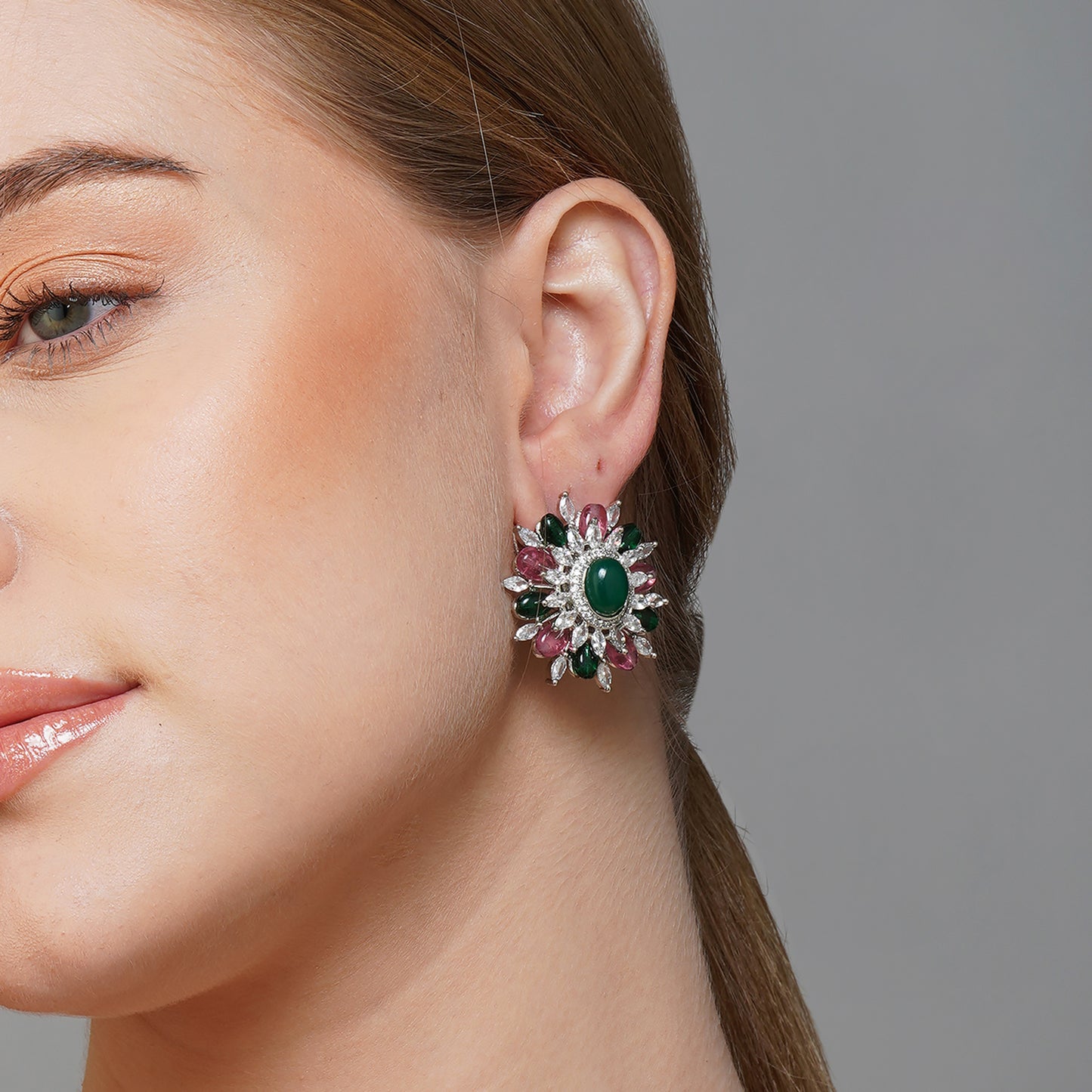Forest Ruby Emerald Green & Red CZ Gemstone Earrings | Premium Indian Jewellery | Saajo