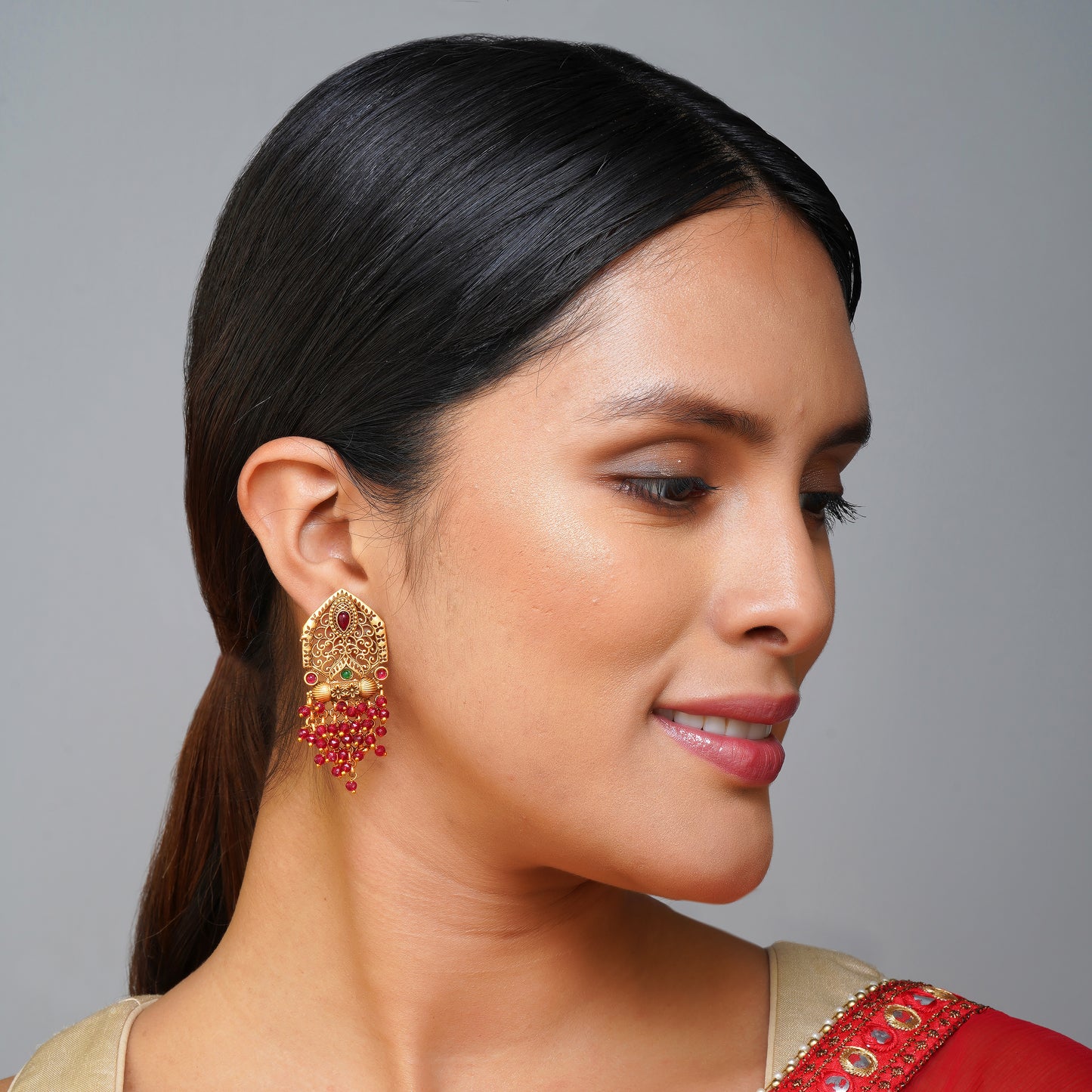 Cherry Blossom Red Beadfall Earrings | Premium Indian Jewellery | Saajo