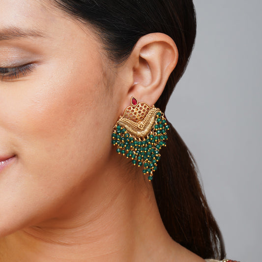 Mehndi Mirage Green Beadfall Gold Plated Earrings | Premium Indian Jewellery | Saajo