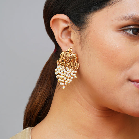 Golden Elephant Whimsy White Bead Drop Earrings | Premium Indian Jewellery | Saajo