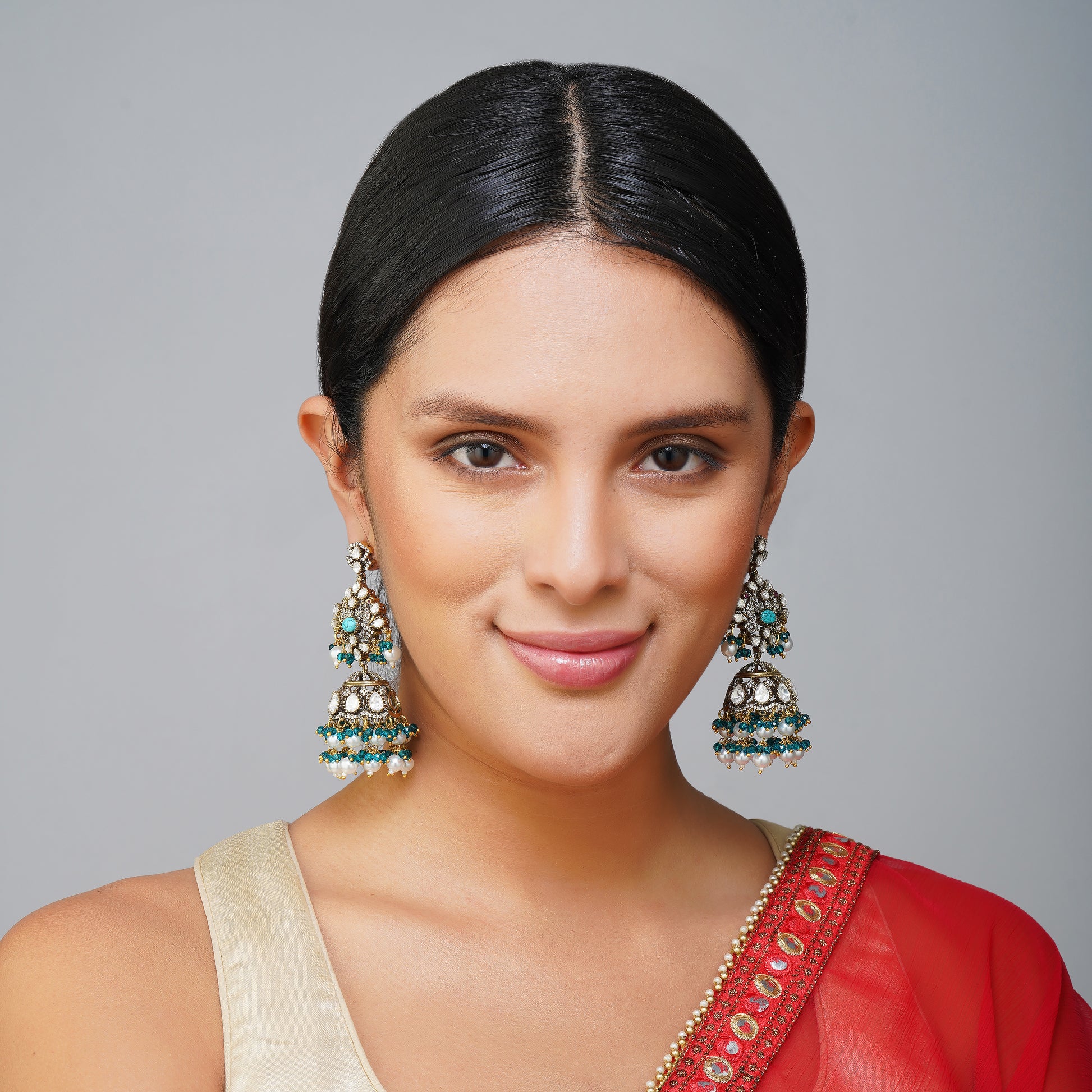 Blue Horizon Kundan Dangler Jhumka Earrings Detail Shot | Traditional Jewellery | Saajo