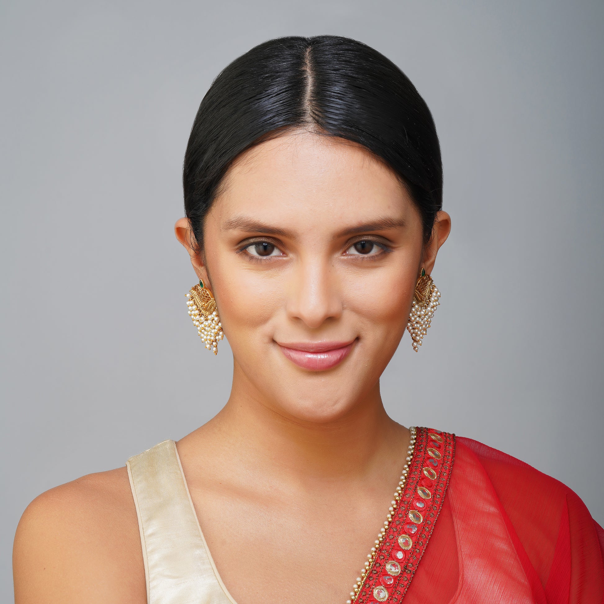 Ivory Elegance White & Gold Radiance Earrings Detail Shot | Traditional Jewellery | Saajo