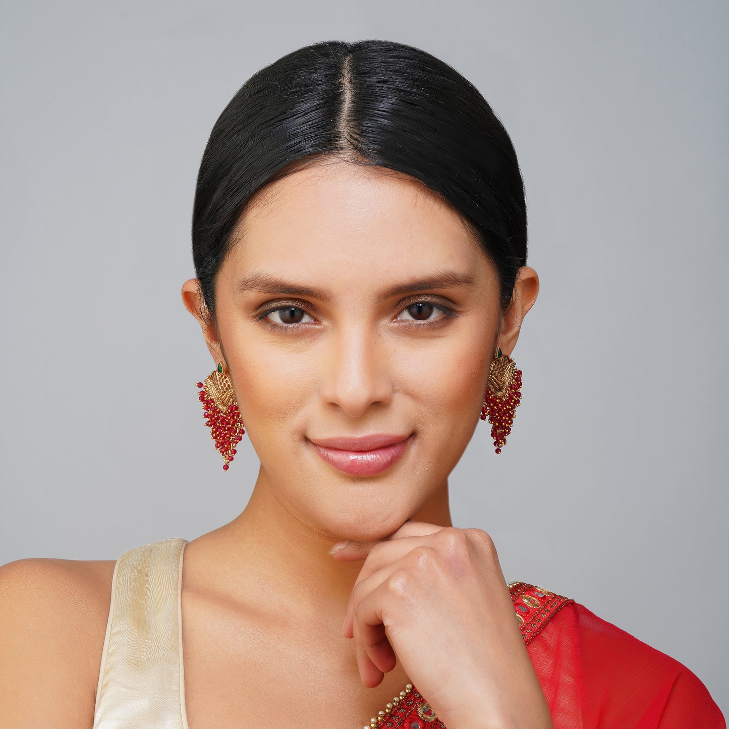 Crimson Petal Bloom Burgundy Red Gemstone Earrings Detail Shot | Traditional Jewellery | Saajo