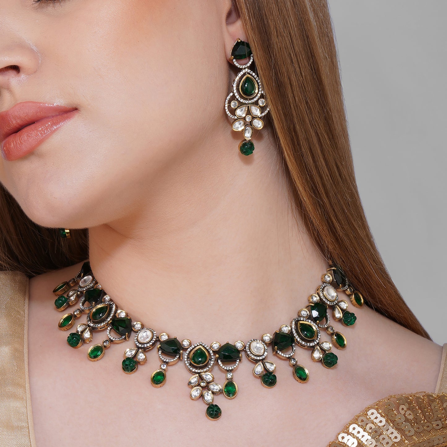Emerald Blooms Mehendi Ensemble Necklace | Premium Indian Jewellery | Saajo