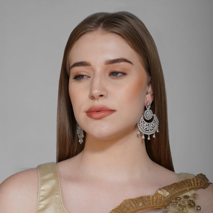 Crystal Radiance Clear CZ Chandbali Earrings Detail Shot | Traditional Jewellery | Saajo