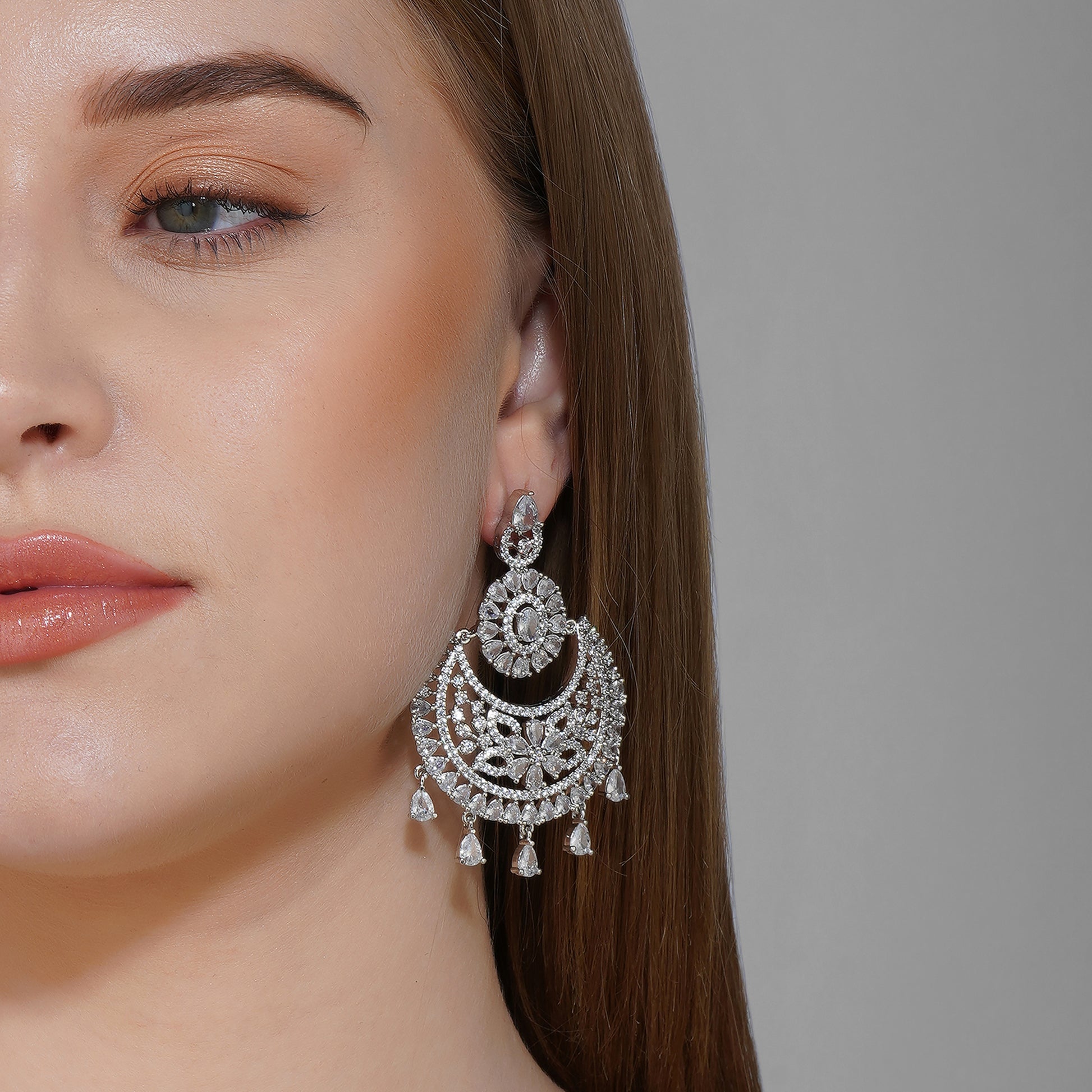 Crystal Radiance Clear CZ Chandbali Earrings | Premium Indian Jewellery | Saajo