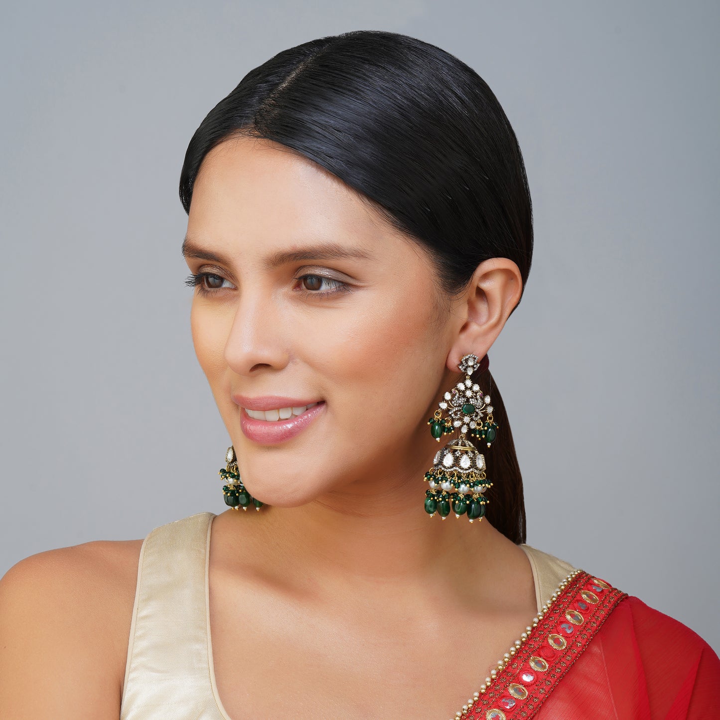 Green Horizon Kundan Dangler Jhumka Earrings Styled Look | Indian Jewellery | Saajo