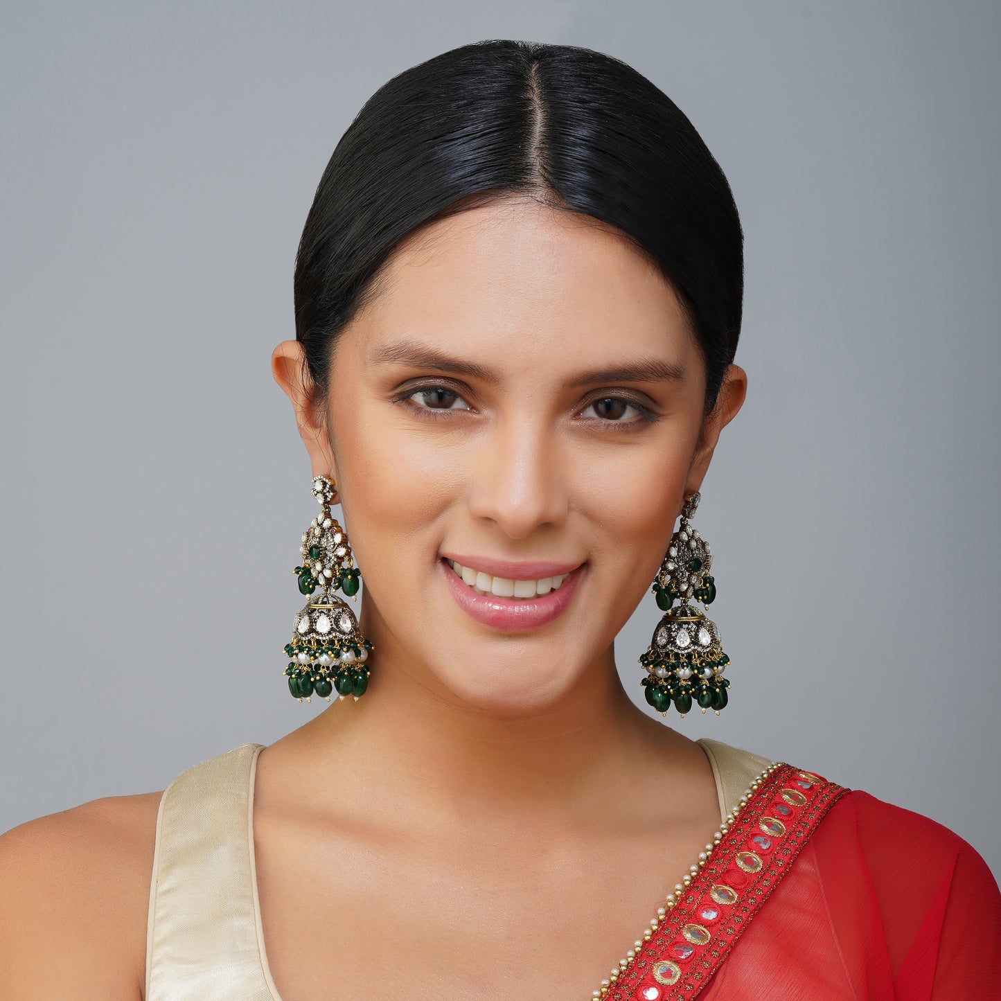 Green Horizon Kundan Dangler Jhumka Earrings Detail Shot | Traditional Jewellery | Saajo