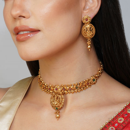 Luminous Ganesha Foliage Grandeur Choker Necklace Set | Premium Indian Jewellery | Saajo