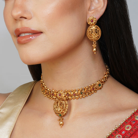 Luminous Ganesha Foliage Grandeur Choker Necklace Set | Premium Indian Jewellery | Saajo