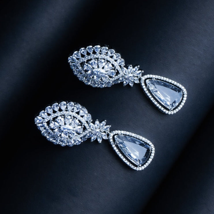 Celestial Centric Clear CZ Dangler Earrings Detail Shot | Traditional Jewellery | Saajo