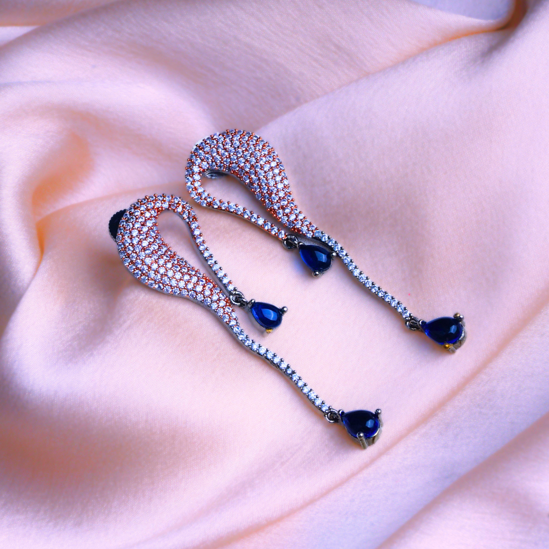 Aqua Wave Steel Blue CZ Ocean Earrings | Premium Indian Jewellery | Saajo