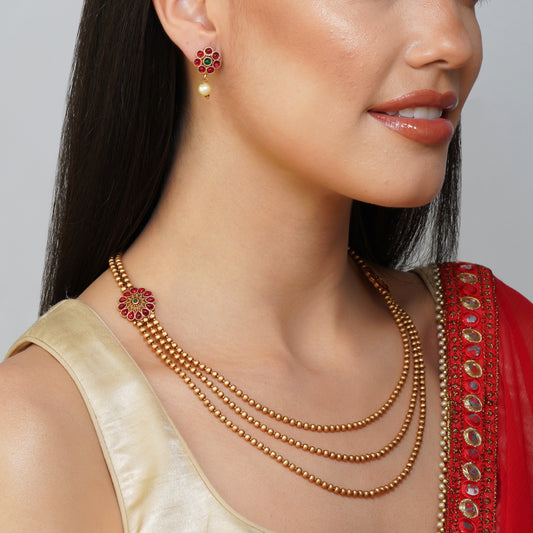 Blossoming Rouge Triple Strand Necklace Set | Premium Indian Jewellery | Saajo