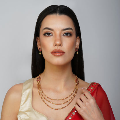 Blossoming Rouge Triple Strand Necklace Set Styled Look | Indian Jewellery | Saajo