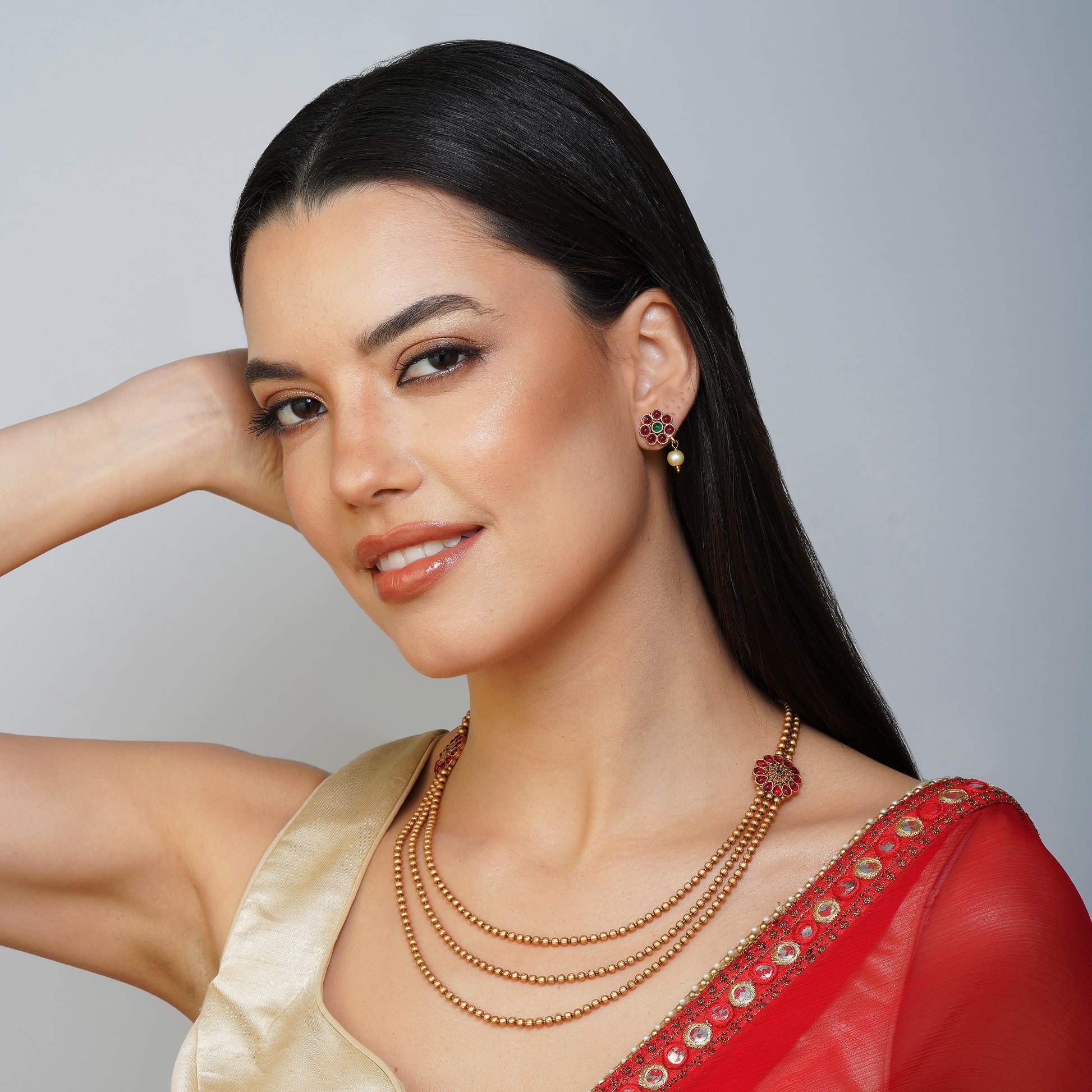 Blossoming Rouge Triple Strand Necklace Set Detail Shot | Traditional Jewellery | Saajo