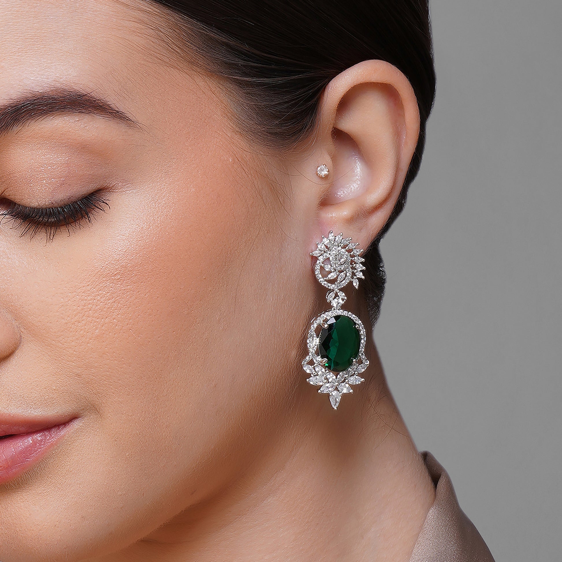 Jade Brilliance Green CZ Gemstone Earrings | Premium Indian Jewellery | Saajo