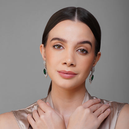 Jade Brilliance Green CZ Gemstone Earrings Close Up | Indian Jewellery | Saajo