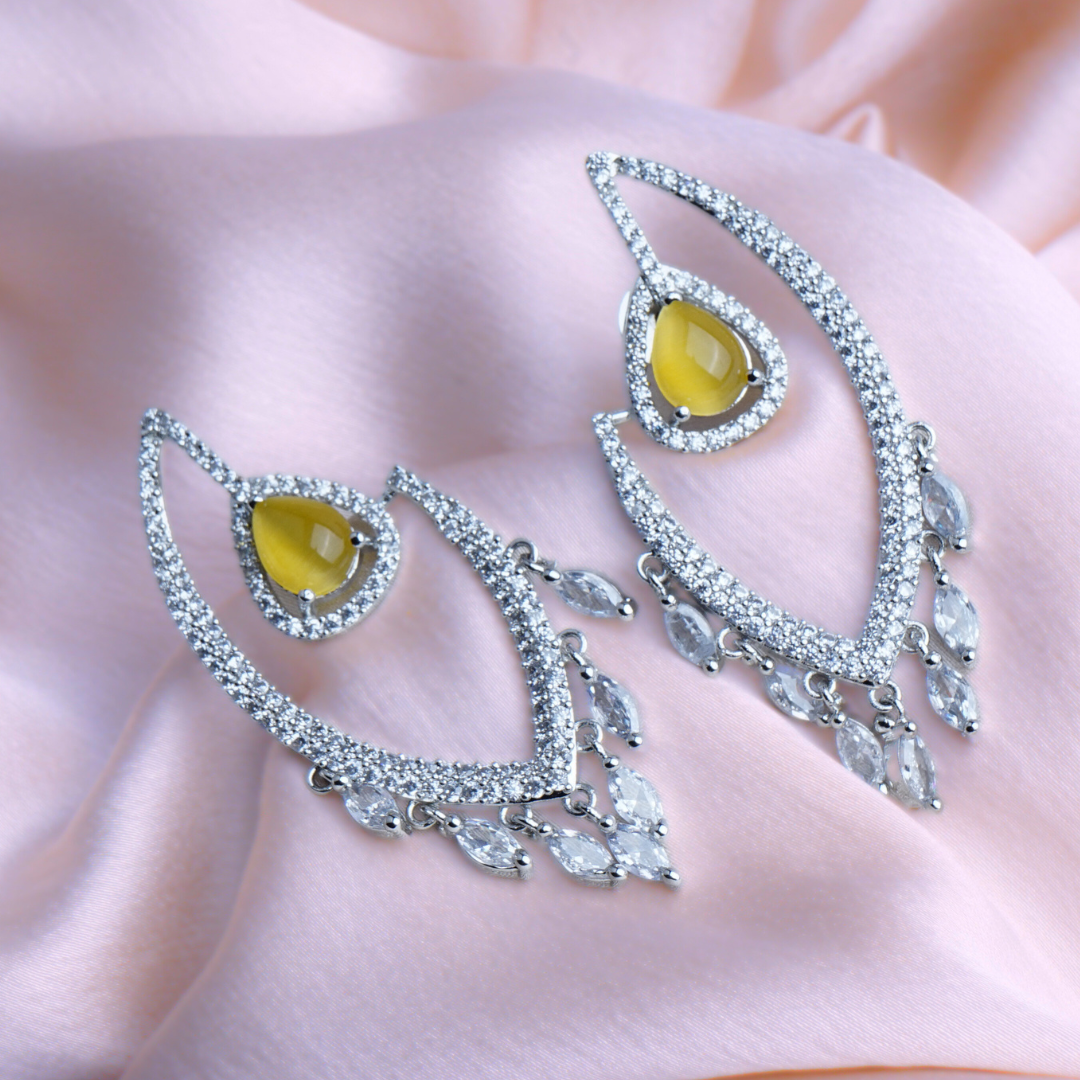 Mystical Hoots Sunshine Yellow CZ Dangler Earrings | Premium Indian Jewellery | Saajo