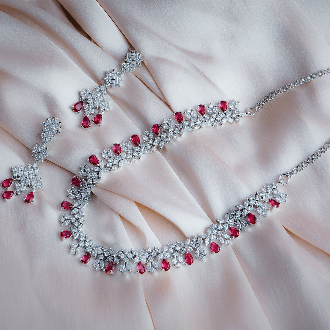 Radiant Reverie Maroon American Diamond Necklace Set | Premium Indian Jewellery | Saajo