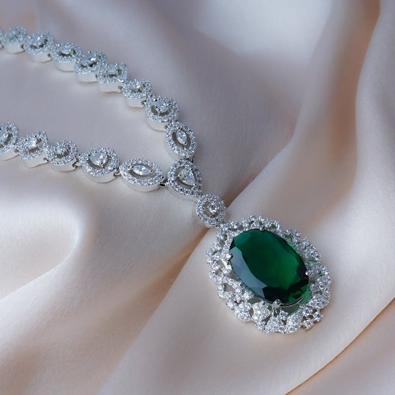 Everlasting Charm Green American Diamond Necklace Set Close Up | Indian Jewellery | Saajo