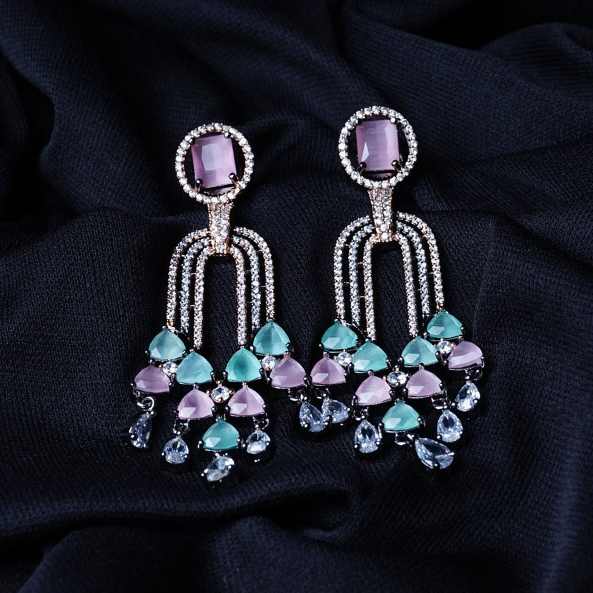 Electric Queen Fuchsia Pink & Sea Green CZ Dangler Earrings Detail Shot | Traditional Jewellery | Saajo