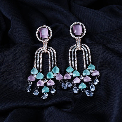 Electric Queen Fuchsia Pink & Sea Green CZ Dangler Earrings Detail Shot | Traditional Jewellery | Saajo