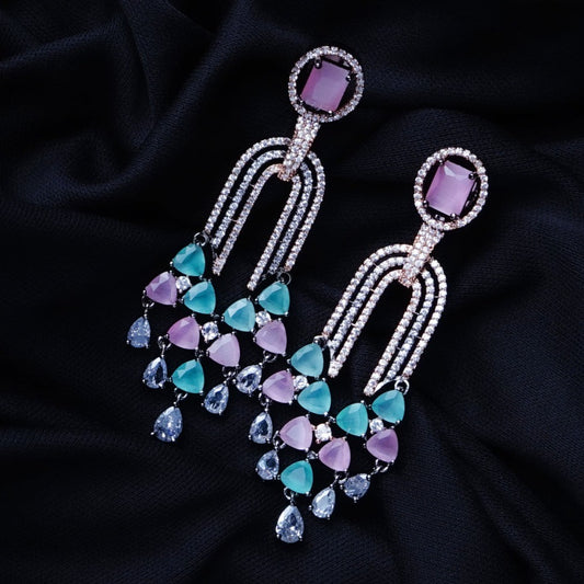 Electric Queen Fuchsia Pink & Sea Green CZ Dangler Earrings | Premium Indian Jewellery | Saajo