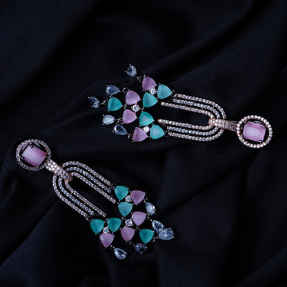 Electric Queen Fuchsia Pink & Sea Green CZ Dangler Earrings Close Up | Indian Jewellery | Saajo