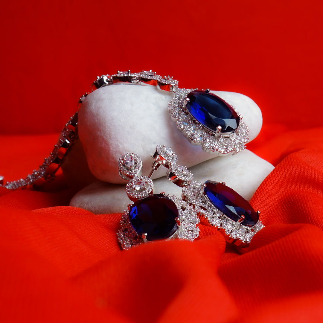 Everlasting Charm Blue American Diamond Necklace Set Close Up | Indian Jewellery | Saajo