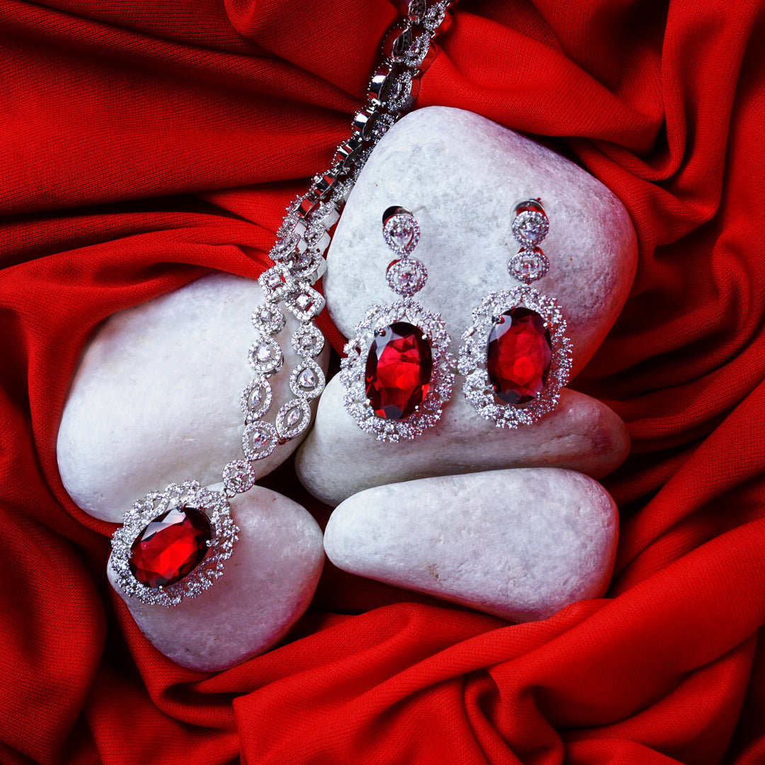 Everlasting Charm Blood Red American Diamond Necklace Set Detail Shot | Traditional Jewellery | Saajo
