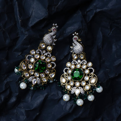 Peacock Splendor Green & Gold Kundan Dangler Earrings Styled Look | Indian Jewellery | Saajo