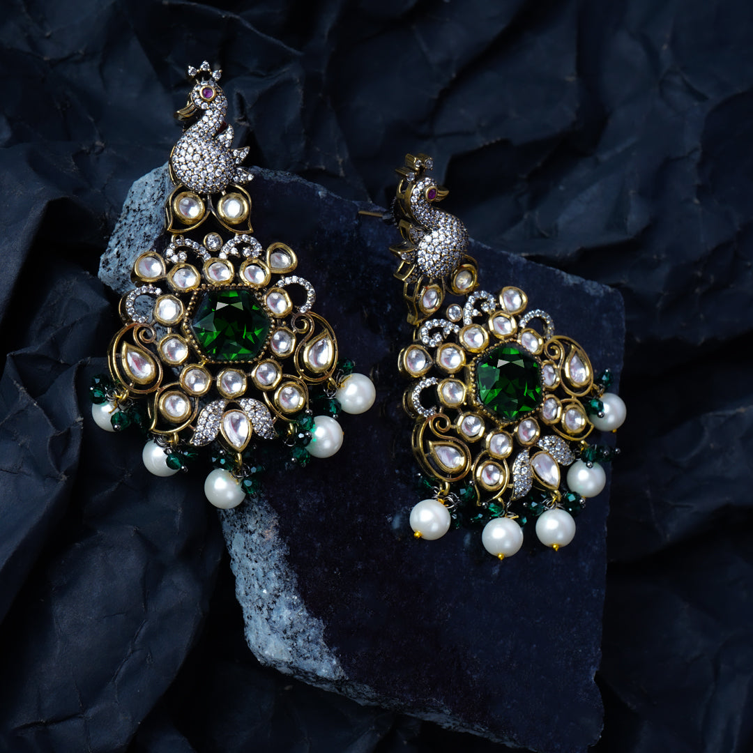 Peacock Splendor Green & Gold Kundan Dangler Earrings Detail Shot | Traditional Jewellery | Saajo