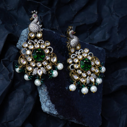 Peacock Splendor Green & Gold Kundan Dangler Earrings Detail Shot | Traditional Jewellery | Saajo