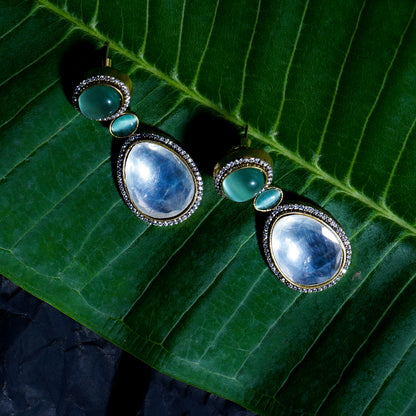 Moonlit Meadow Sage Green Kundan Dangler Earrings Close Up | Indian Jewellery | Saajo