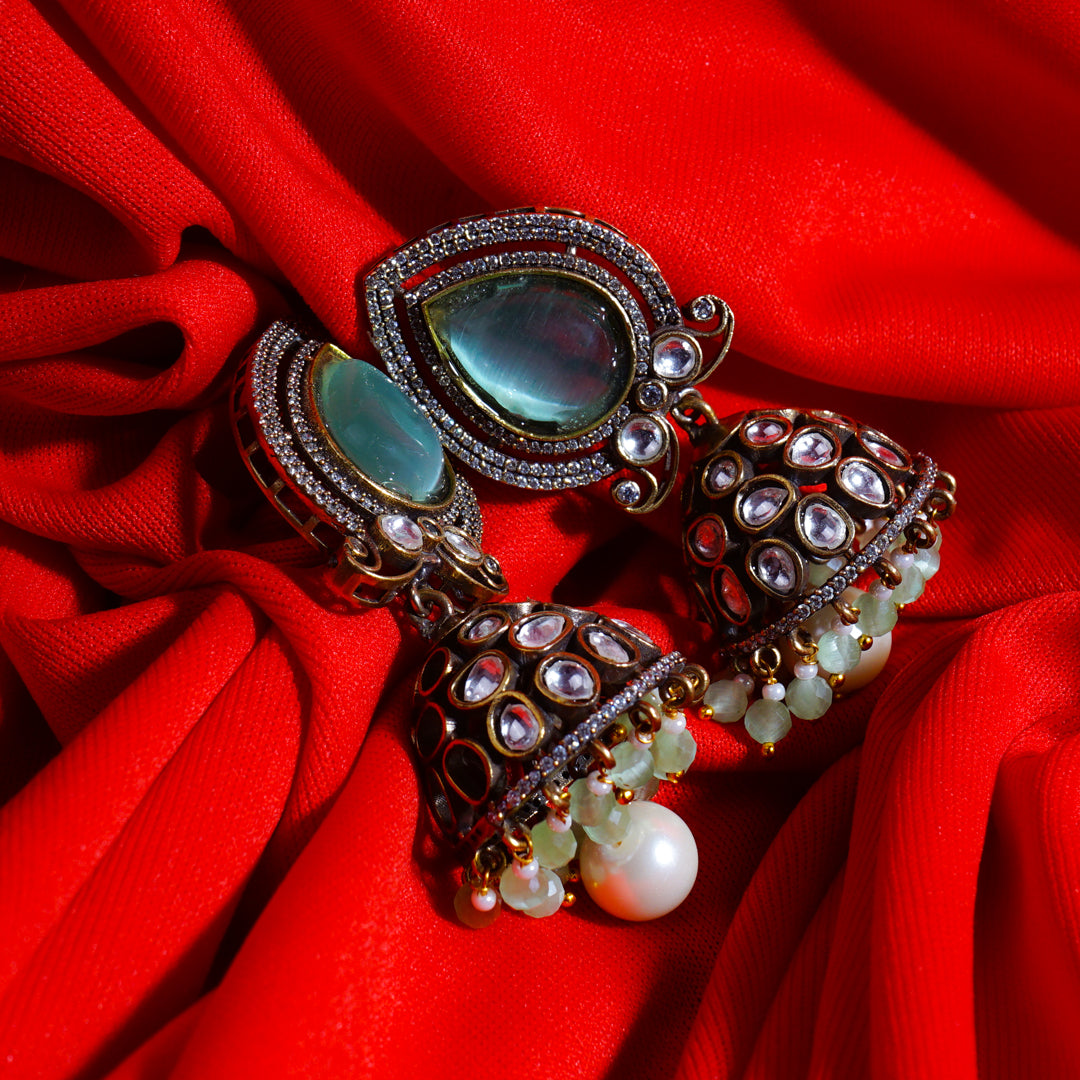 Gilded Gardenia Multicolour Kundan Jhumka Earrings Detail Shot | Traditional Jewellery | Saajo