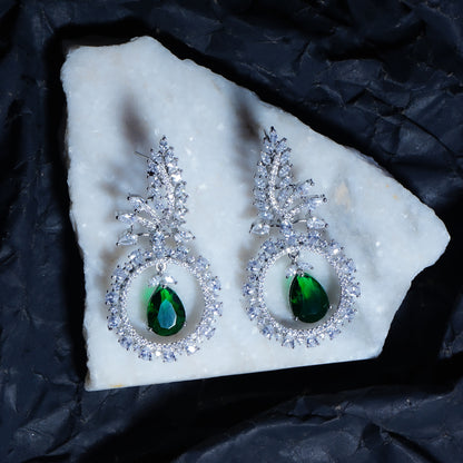Posh Extravagance Emerald Green CZ Dangler Earrings Detail Shot | Traditional Jewellery | Saajo