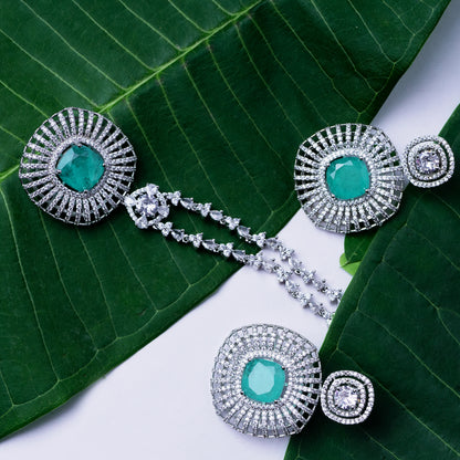 Captivating Cosmos Turqoise Blue American Diamond Necklace Set | Premium Indian Jewellery | Saajo