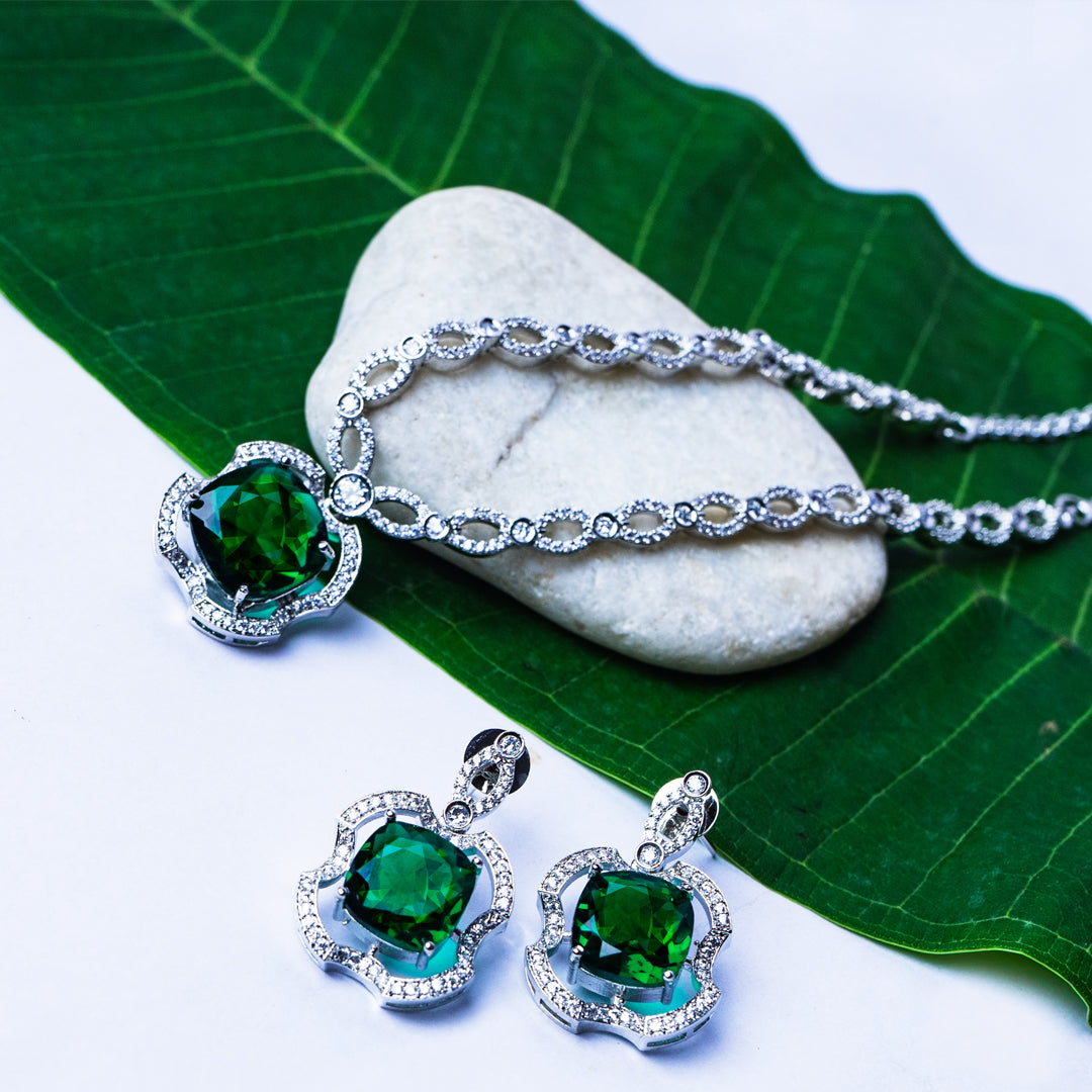 Serene Secrets Green American Diamond Necklace Set | Premium Indian Jewellery | Saajo