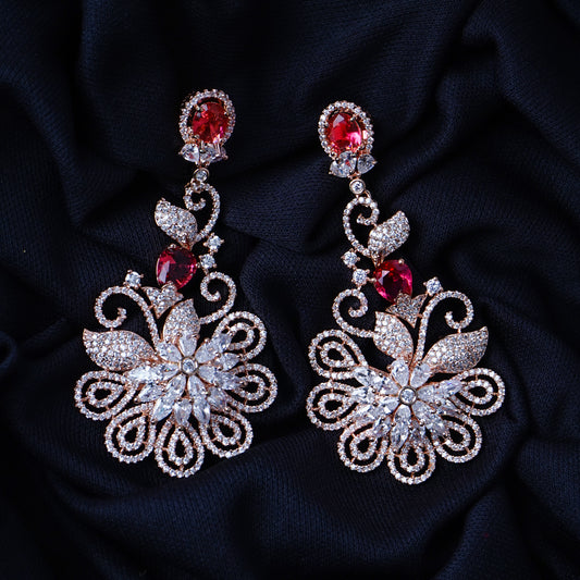 Festive Fling Rose Gold Crimson Red CZ Dangler Earrings | Premium Indian Jewellery | Saajo