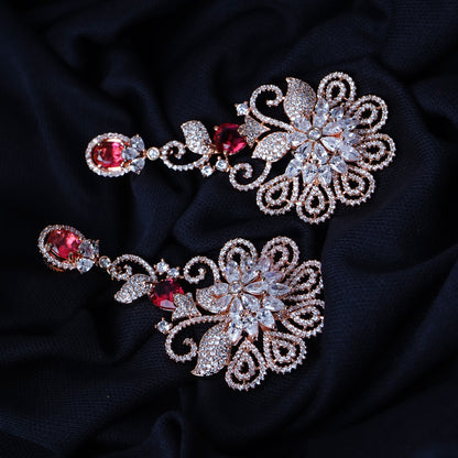 Festive Fling Rose Gold Crimson Red CZ Dangler Earrings Styled Look | Indian Jewellery | Saajo