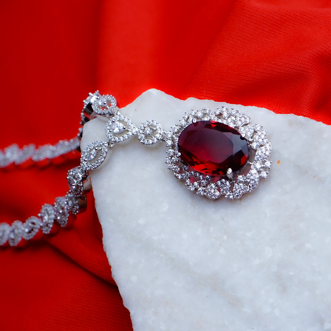 Everlasting Charm Blood Red American Diamond Necklace Set Close Up | Indian Jewellery | Saajo