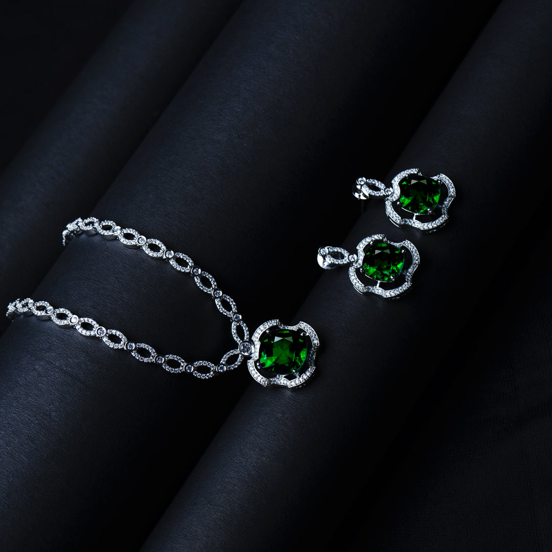 Serene Secrets Green American Diamond Necklace Set Detail Shot | Traditional Jewellery | Saajo