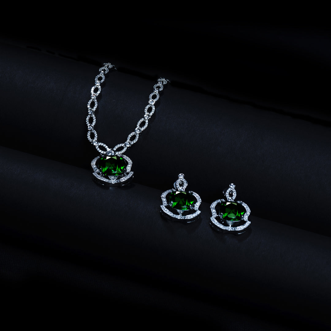 Serene Secrets Green American Diamond Necklace Set Close Up | Indian Jewellery | Saajo