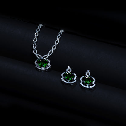 Serene Secrets Green American Diamond Necklace Set Close Up | Indian Jewellery | Saajo