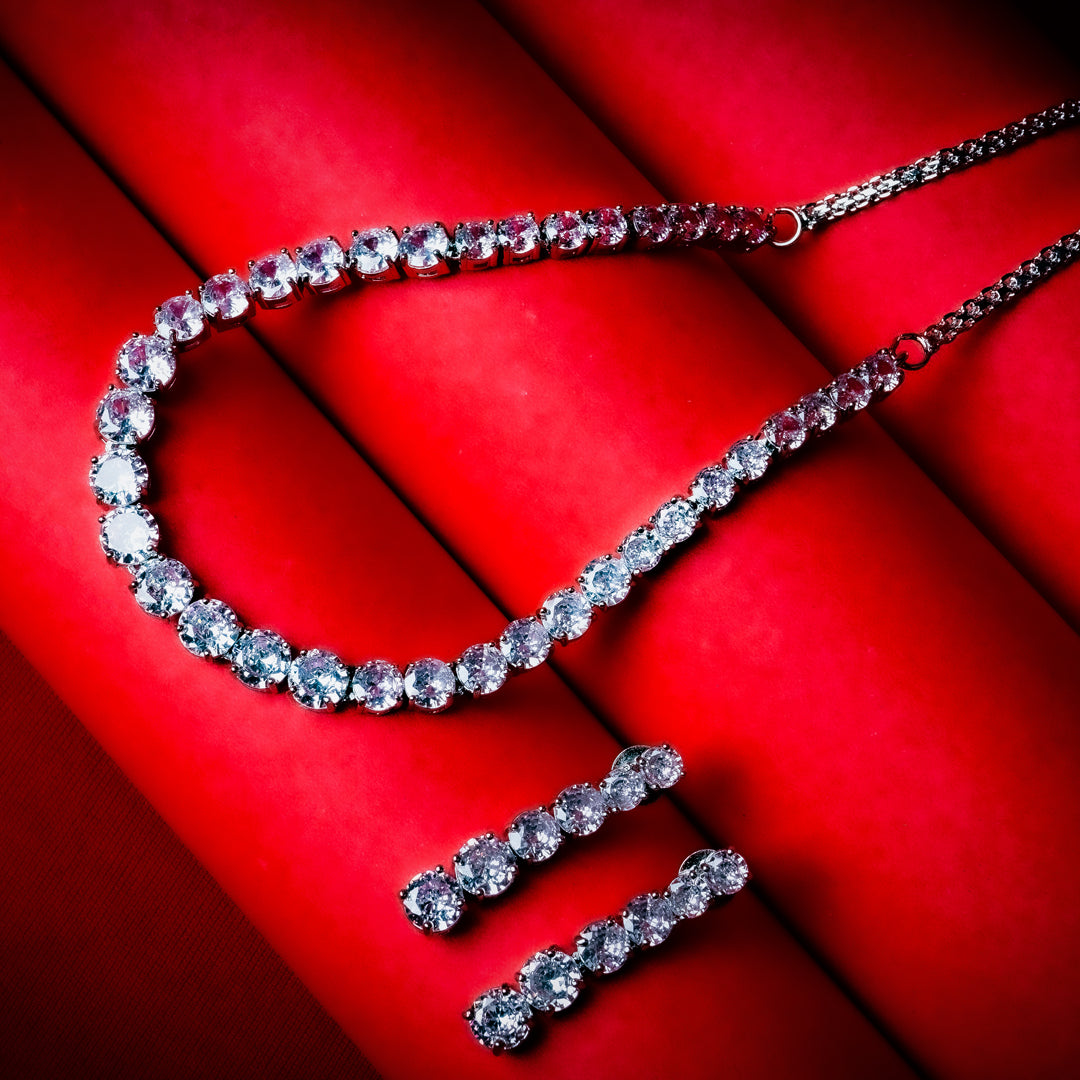 Clear American Diamond CZ choker necklace set with earrings