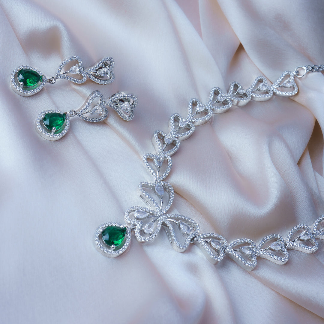 Enchanted Clover Green American Diamond Necklace Set Detail Shot | Traditional Jewellery | Saajo