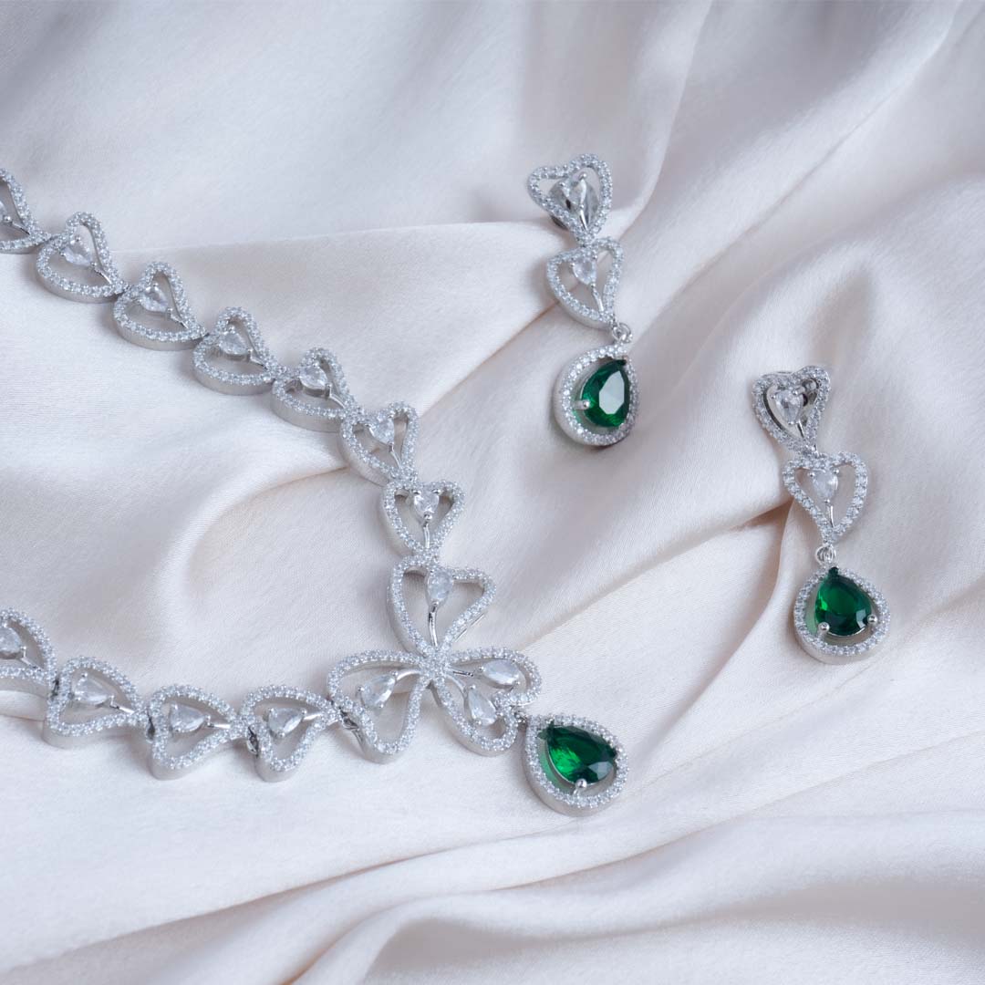 Enchanted Clover Green American Diamond Necklace Set | Premium Indian Jewellery | Saajo